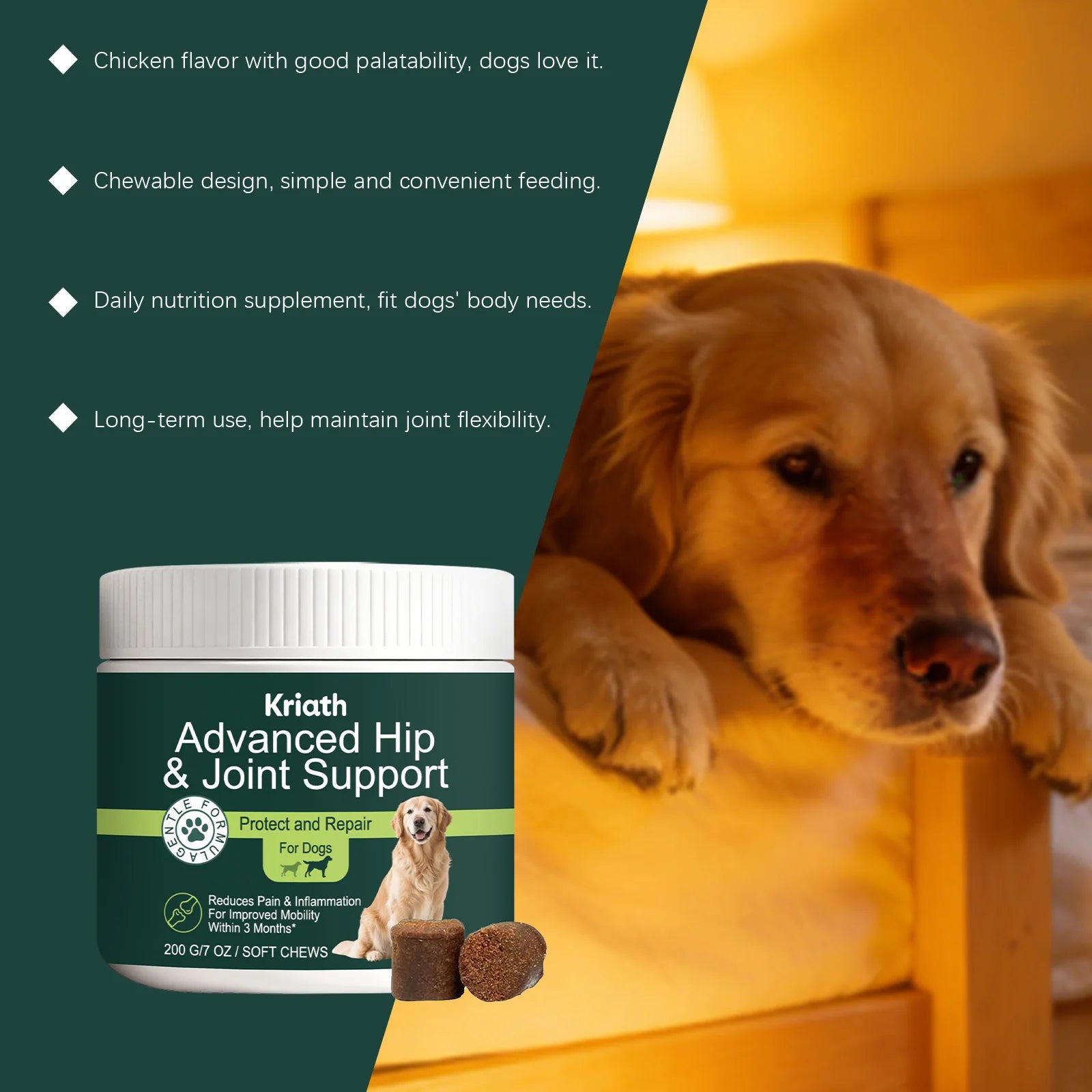 Kriath Dog Joint Chews Hip Joint Health Support Cartilage Reduce Pain Inflammation Improve Mobility Wellness Boost Body Defense